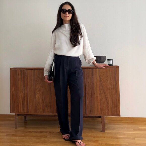 LilySilk Timeless Pleated 100% Silk Wide Leg Trousers Navy Blue Size 12 NWT!